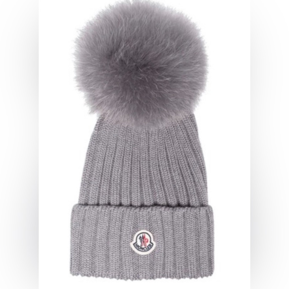 **MONCLER** Gray Ribbed Beanie with Pom-Pom